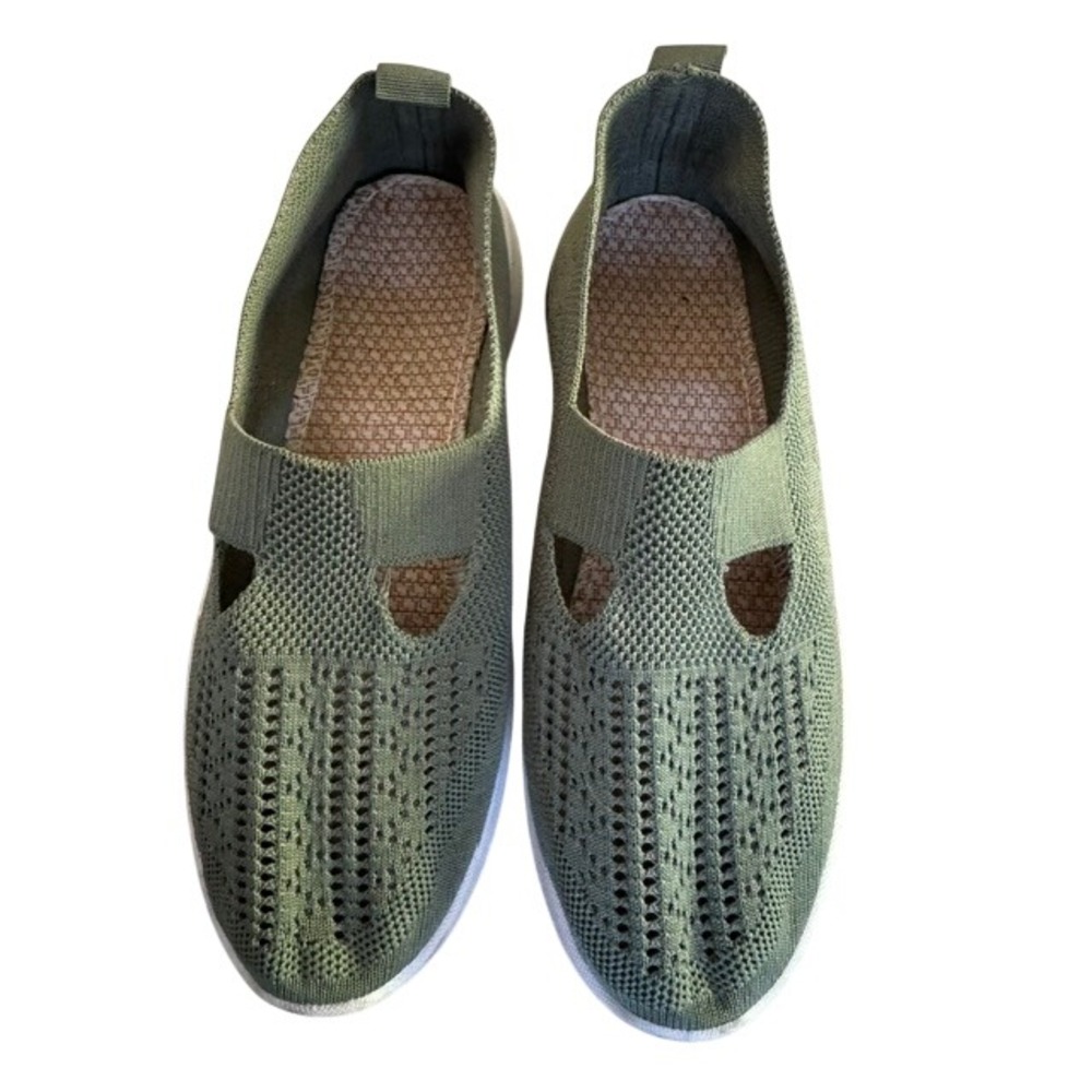 Womens Olive Green Knit Slip On Walking Shoes Mary Jane Sneakers Size 40 EU 9 US